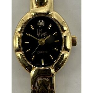Le Jaye Ladies Vintage Watch New Battery 16MM 7.5" Gold Tone Black Dial B58